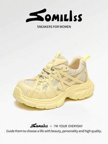 somiliss 1双女士运动防滑系带休闲鞋，轻便网眼鞋面，柔软舒适，时尚厚底运动鞋，6厘米厚底，低帮户外步行鞋，四季皆宜，黄色 - 黃色 - 查看 2
