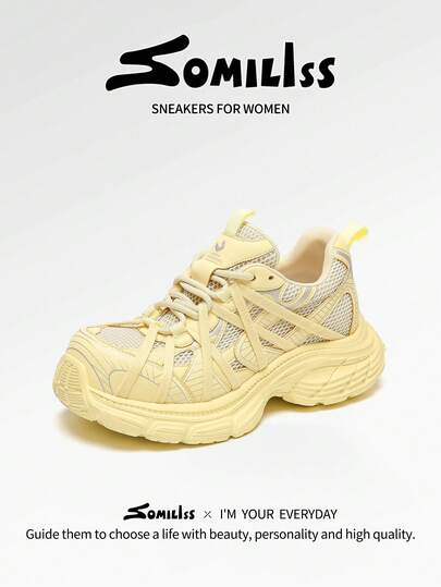 somiliss 1 Pair Women's Sporty Anti-Slip Lace-Up Casual Sneakers, Lightweight Mesh Upper, Soft & Comfortable, Fashion Chunky Chunky Sneakers, 6cm Platform, Low-Top Outdoor Walking Shoes, Suitable For All Seasons, Yellow