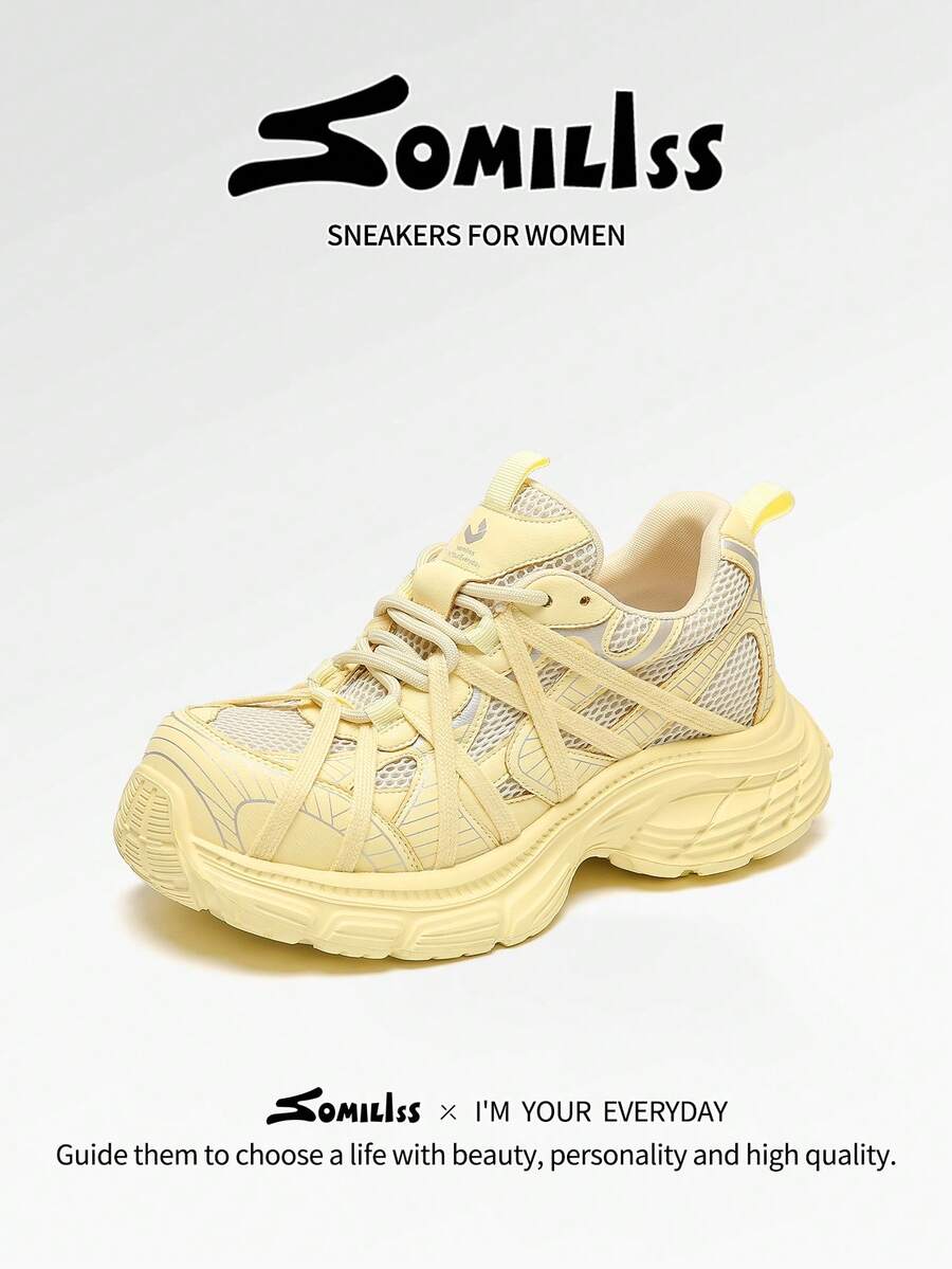 somiliss 1双女士运动防滑系带休闲鞋，轻便网眼鞋面，柔软舒适，时尚厚底运动鞋，6厘米厚底，低帮户外步行鞋，四季皆宜，黄色