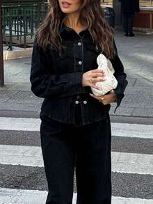 Bộ 2 món đồ nữ phong cách thường ngày cổ điển, áo và quần denim màu tối, kiểu dáng châu Âu và Mỹ, màu đen, mùa xuân. - màu đen - Xem 7