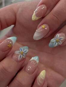 Bộ 24 móng giả ngắn hình hạnh nhân, màu xanh dương kiểu Pháp lượn sóng, hoa 3D nàng tiên cá màu vàng, sao biển vàng dễ thương, chất liệu acrylic hợp kim crom, bộ dụng cụ làm móng gel (bao gồm 1 gel dẻo và dũa móng), phù hợp cho nữ sử dụng hàng ngày, hẹn hò, dự tiệc. - Nhiều màu - Xem 8