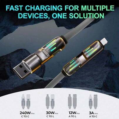 240W Ultra-Fast Charging  4-In-1 Multi USB Charging Cable For IPhone 17/16/15/14,IPad Camping & Travel Essentials,Convenient For Daily Life