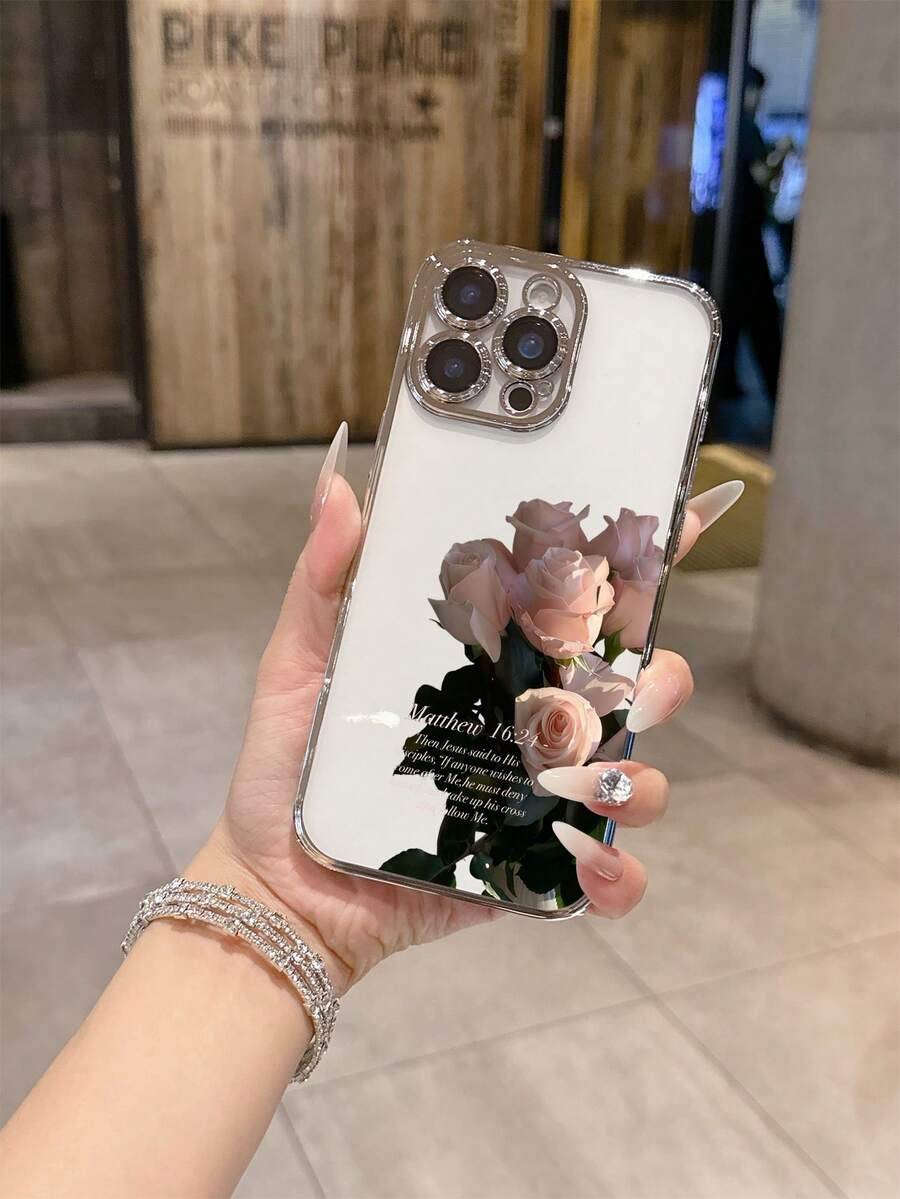 Pink Rose Design With Bible Verses, Full-Coverage Electroplated TPU Phone Case For IPhone 17/16/15/14/13/12/11/Pro/Pro Max/Plus. Full Coverage Electroplated TPU Lens Protection, Stylish Mobile Accessory, Perfect Gift For Autumn/Winter Birthdays, Valentine's Day, Or For Couples. - 銀色 - 查看 1