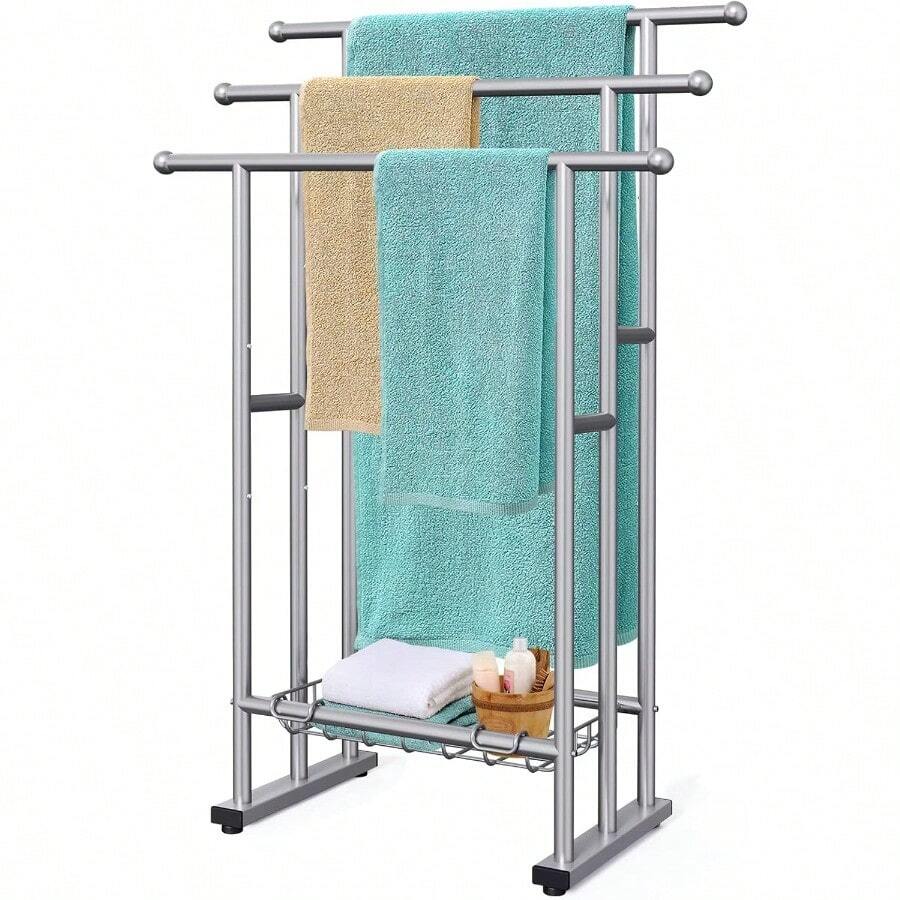 40 Tall Freestanding Towel Racks For Bathroom 3 Tier Floor Towel Rack With Storage Basket Blanket Ladder Drying And Display Rack For Large Bath Hand Towel Outdoor Poolside - Grey - View 1