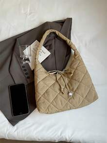 2025 New Autumn/Winter Large Capacity Casual Commuter Tote Bag For Women, Cotton Fabric Shoulder Underarm Bucket Bag - Khaki - View 5