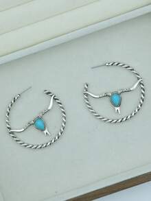 1 Pair Western Cowboy Style Turquoise Bull Head Hoop Earrings For Women - Earring - View 3