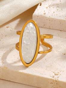 1 pieza Anillo de acero inoxidable minimalista con piedra de ojo de tigre en forma geométrica ovalada, adecuado para uso diario de mujeres y como regalo de vacaciones - Multicolor - Ver 8