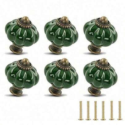 6pcs Vintage Dark Green Ceramic Cabinet Knobs, 1 Set Dresser Knobs, Drawer Pulls And Handles With Mounting Screws