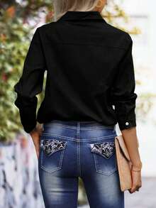 Women's Olive Green Long Sleeve Button Down Shirt - Chest Pocket Regular Fit Casual Daily Blouse Top - 黑色 - 查看 2