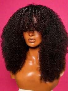 Afro Kinky Curly Wig Human Hair With Bangs Full Machine Made Scalp Top Wig 250 Density Brazilian Virgin Short Curly Human Hair Wigs For Women None Lace Front Wig No Glue Natural Color - màu tự nhiên - Xem 1