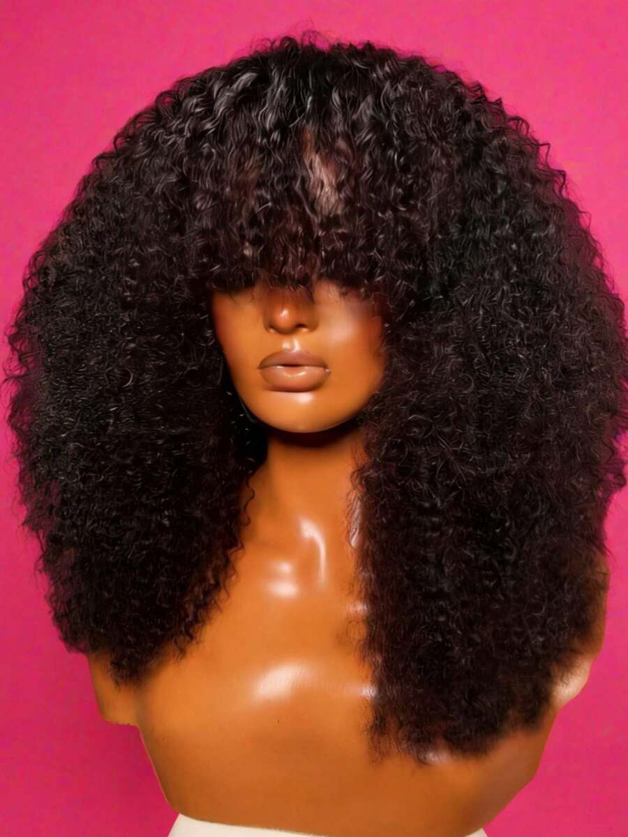 Afro Kinky Curly Wig Human Hair With Bangs Full Machine Made Scalp Top Wig 250 Density Brazilian Virgin Short Curly Human Hair Wigs For Women None Lace Front Wig No Glue Natural Color - màu tự nhiên - Xem 1