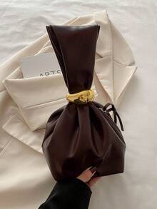 1pc Solid Color PU Leather Handbag, Burgundy Ancora Design, Women's Personalized Mini Cloud Pleated Bag With Metal Decor Zipper Closure, Suitable For Daily And Outdoor Use - 咖啡 - 查看 11