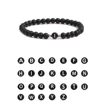 6mm Black Matte Stone Beaded Bracelet, 26 English Letter Charm Bracelet, Unisex