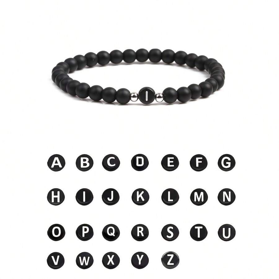 6mm Black Matte Stone Beaded Bracelet, 26 English Letter Charm Bracelet, Unisex - Bracelet - View 1