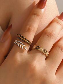 2件套不锈钢简约黑白滴油花叶设计戒指，适合女性日常佩戴 - 彩色 - 查看 1