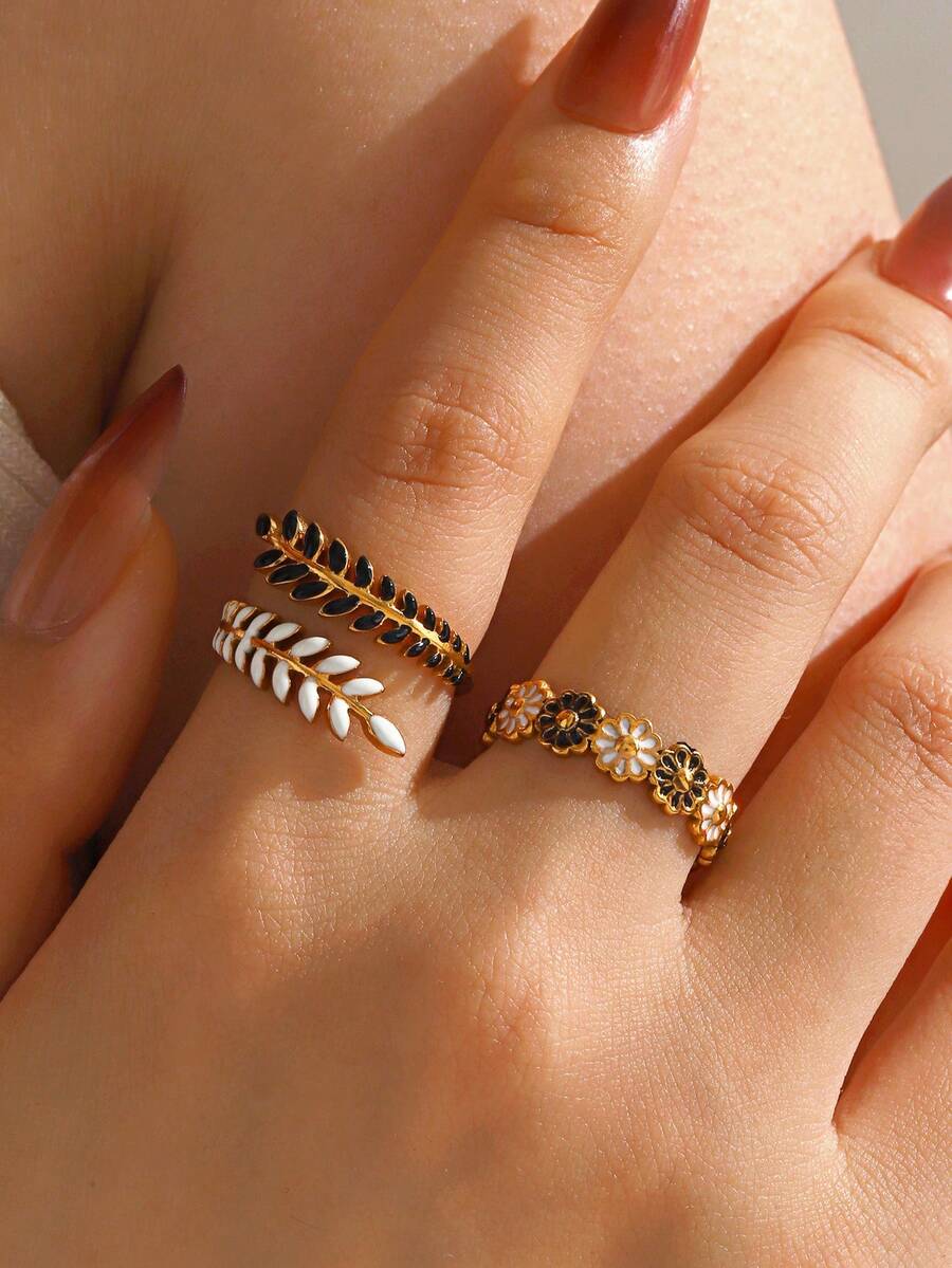 2件套不锈钢简约黑白滴油花叶设计戒指，适合女性日常佩戴 - 彩色 - 查看 1