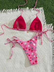 女士可爱樱桃印花系带露背比基尼套装，带打结细节，中等弹力泳衣 - 粉色 - 查看 7