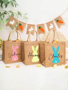 Personalized Easter Bag, Jute Easter Bag, Custom Easter Bunny Bag With Name, Kids Egg Hunt Bags, Easter Basket, Easter Gift Bags - Khaki - View 5