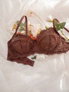 3pcs/Set Women Lace Wireless Thin Cup Comfortable Bra Set, Solid Color - 彩色 - 查看 4