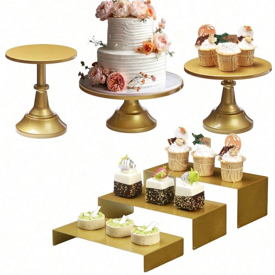 6PCS Cake Stand Set, Gold Metal Cake Stands For Party, Dessert Table Display Set, 3 Size Round Cake Pedestal Stand With Cupcake Risers Stands, Dessert Cake Holders For Weddings, Birthday, Baby Shower - 金色 - 查看 1