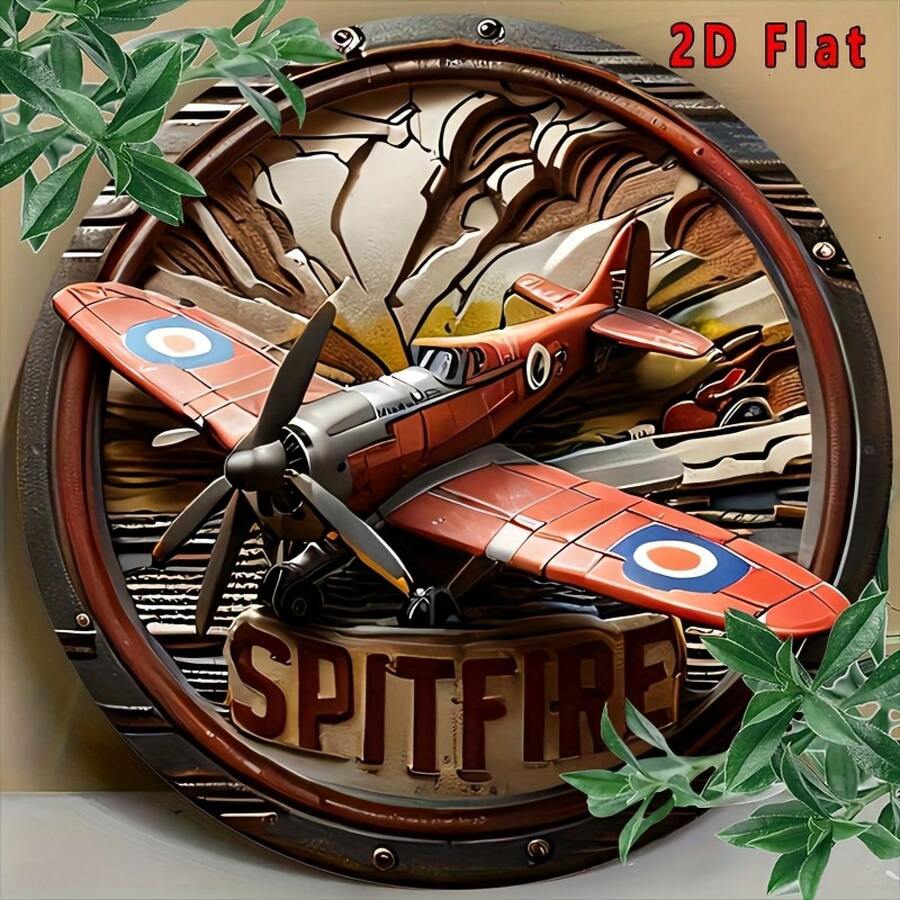 2D Flat - 1pc Vintage Spitfire Aluminum Wall Sign - 19.99cm Round Tin Decor With Imitation Relief, Red & Blue Fighter Aircraft Design, Perfect For Home, Bar, Garden, Or Club, English Text, Wall-Mounted, Metal Outdoor Deco - 混合色 - 查看 1