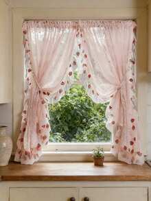 1 件，复古粉色花卉提花薄纱窗帘，带亮片草莓荷叶边花边，浪漫咖啡厅门帘厨房家居装饰薄纱窗帘