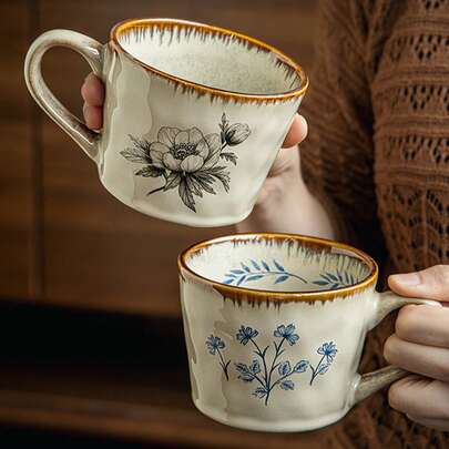 1pc Vintage Floral Pattern Ceramic Coffee Mug, Teacup, Water Cup, Milk Cup