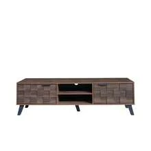 Modern TV-bänk med 2 hyllor och 2 öppna dörrar i mörkt trä Maserung – 160,5 x 35,5 x 45 cm - Mörk valnötsfärg + spånskiva - Visa 9
