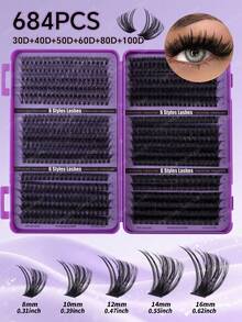 720/684/648/200pcs D-Curl Fluffy Thick False Eyelashes Set, Includes Beginner-Friendly Eyelash Tutorial, Thick & Full DIY Segmented False Eyelashes With Glue, Sealant, Tweezers And Brush, Enlarges Eyes, Lightweight & Reusable, Bulk Single Pair Eyelash Kit, Soft & Natural Mixed Lashes, Creates 5D Volumized Eye Makeup, Suitable For DIY At Home, Travel, Daily Commute, Parties, Weddings, Bridal - Purple - View 7