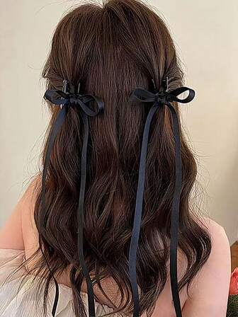 2PCS/Set Women's Black Bow With Ribbons Sweet Ballet Style Fashion Bow Hair Clips, Hair Bow Suitable For Everyday Use Hair Claws Claw Clips Hair Jaw Clip Hair Clamps Hair Clutch Hair Catcher Clip, Hair Ribbons Casual Fall Winter Hair Accessories For Women For Vacation Outfits Woman