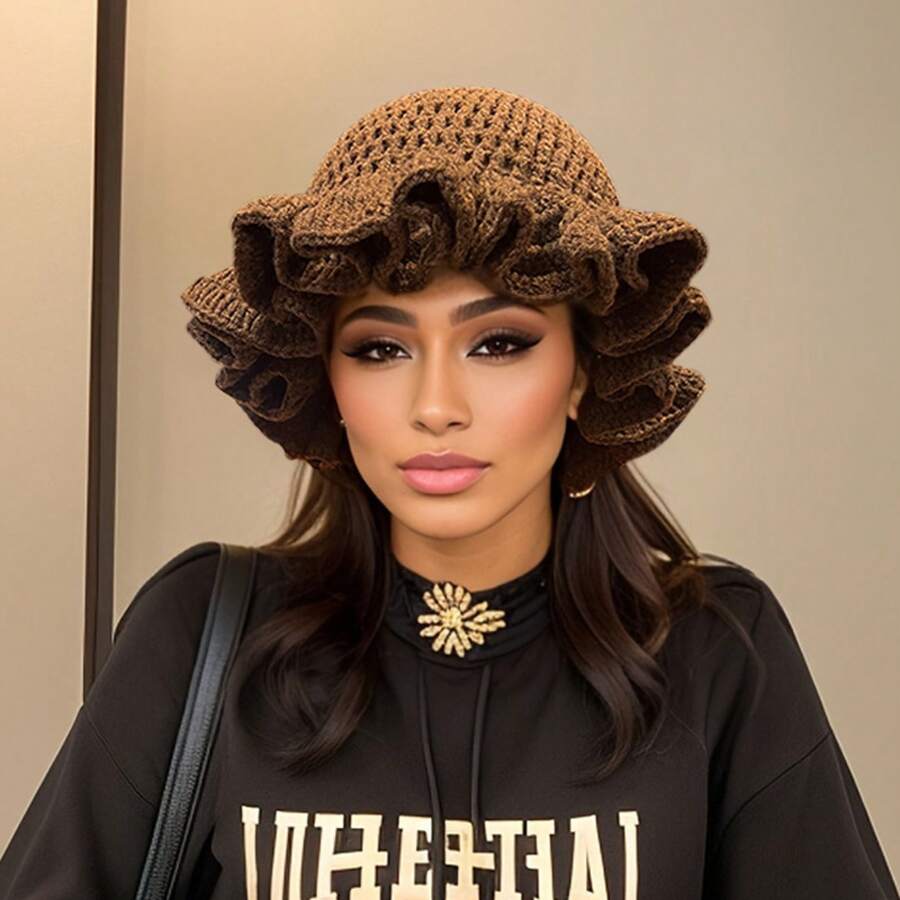 1pc New Creative Fashion Solid Color Ruffled Crochet Wool Hat With Pleated Edge And Wide Brim Fisherman Hat For Autumn And Winter - Màu nâu - Xem 1