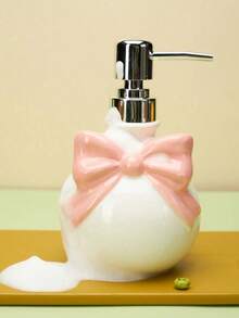 1pc Nordic Style Cute Bow Ceramic Refillable Shampoo/Body Wash Bottle, Bathroom Accessory, Soap Dispenser, Elegant Bathroom Decor, Holiday Gift, Birthday/Christmas/Thanksgiving/Mother's Day Gift For Boyfriend/Girlfriend, High-End Hotel Supply, Housewarming Gift, Back To School, Special Present - Multicolor - View 2