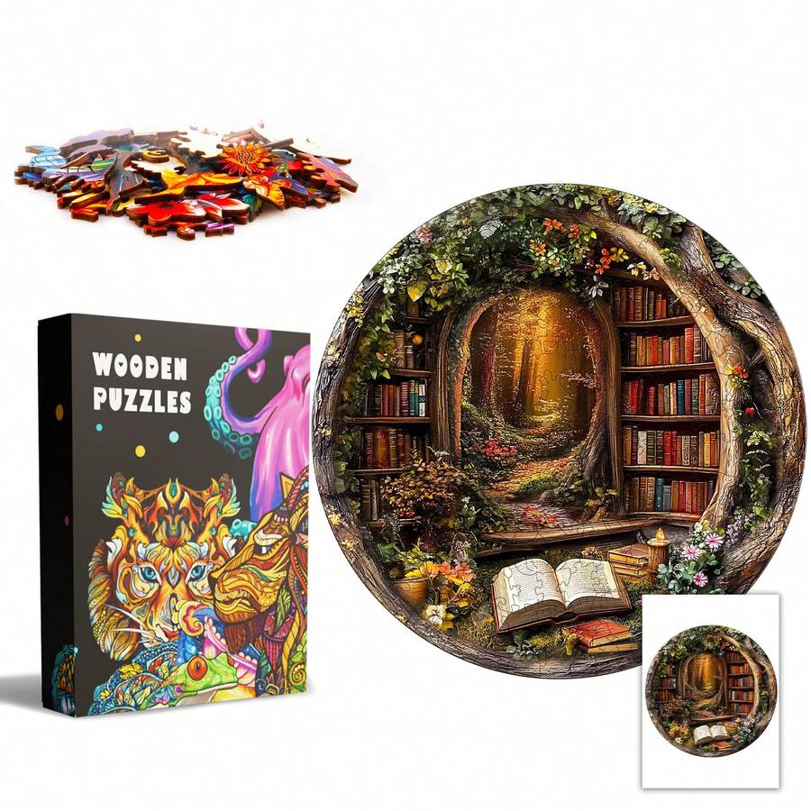 1PC Tree House Library Wooden Asymmetric Puzzle, Animal-Shaped 2D Jigsaw Toy For Kids And Adults. Educational Game, Great Gift For Party, Holiday, Christmas And Birthday. Unique Magical Desktop Decor & Creative Wooden Puzzle Present - Multicolor - View 1
