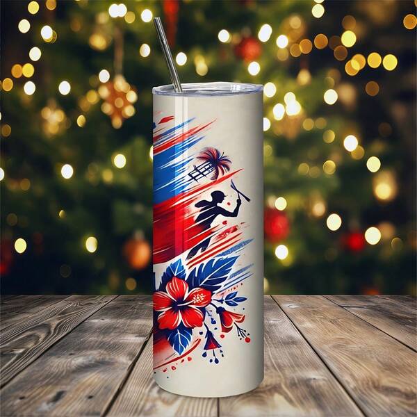 1pc Haitian-Themed Travel Mug Cup - Stainless Steel Tumbler With Hibiscus, Drummer & Motifs - Haitian Creole Text Design - Mother's Day, Father's Day, Gifts - Spill-Proof Lid - Home, Office, Travel - Haitian Heritage Cup, Office Drinkware, Durable Drinkware, Home Beverage Container, Insulated Beverage Container, Corporate Ideas