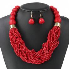 3 Pcs Bohemian Multi-Layered Seed Bead Oversized Jewelry Set For Women (Necklace & 2 Earrings), Unique Stylish Bold Sleek Versatile Delicate Dainty Minimalist Classic Modern Accessories, Light Luxury, Personalized, Fashionable, Suitable For Daily Wear, Work, Party, Wedding, Vacation, Music Festival, Dinner - màu xanh lá - Xem 1