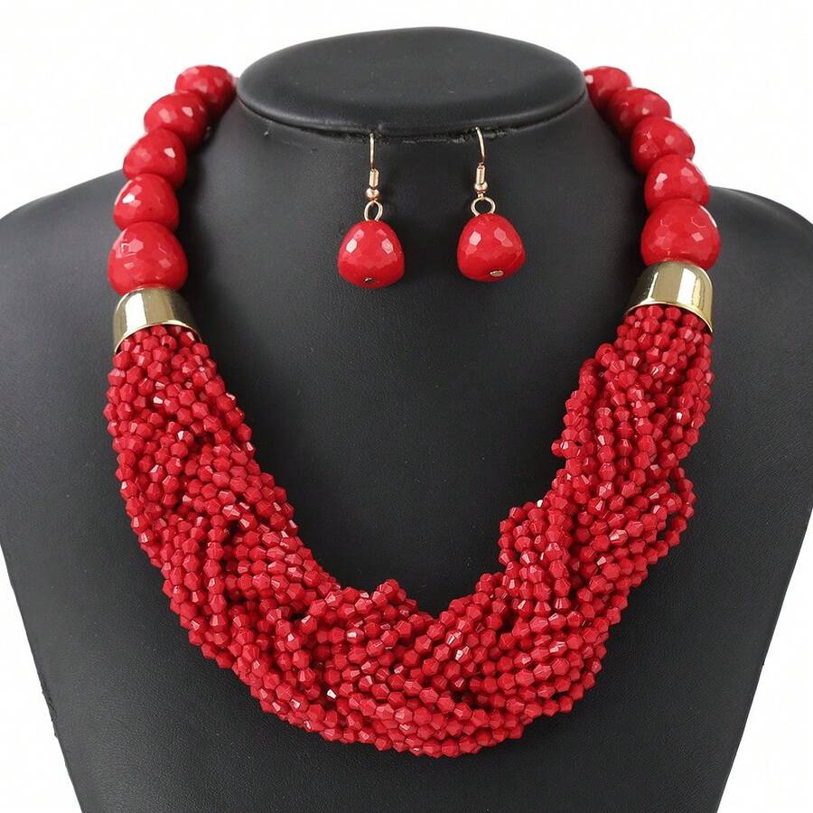 3 Pcs Bohemian Multi-Layered Seed Bead Oversized Jewelry Set For Women (Necklace & 2 Earrings), Unique Stylish Bold Sleek Versatile Delicate Dainty Minimalist Classic Modern Accessories, Light Luxury, Personalized, Fashionable, Suitable For Daily Wear, Work, Party, Wedding, Vacation, Music Festival, Dinner - màu xanh lá - Xem 1