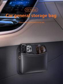 1 pieza Bolsa de almacenamiento de cuero para coche, organizador de bolsillo con soporte adhesivo para teléfono de coche - Negro-3096 - Ver 7