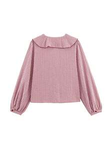 女士格子V领长袖宽松衬衫，方格纹面料，带荷叶边系带，休闲百搭，适合度假、日常、约会、上学、春夏穿着。 - 酒紅色 - 查看 6