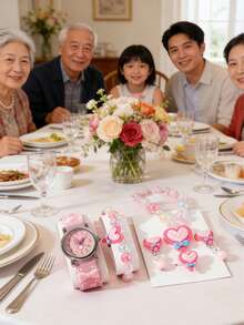 6件套甜美清新儿童石英手表+手链项链戒指耳环，搭配可爱卡通腕表，节日礼物，年末促销（不含礼盒） - 粉色 - 查看 3