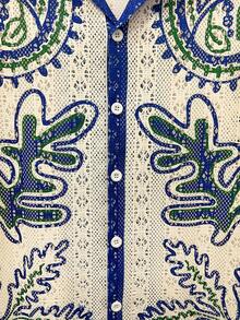 男女通用印花衬衫，黑白几何图案，波西米亚夏威夷风，情侣款，镂空格纹，休闲外向，年轻人款，休闲度假衬衫，情人节礼物，短袖，夏威夷风 - 杏色 - 查看 4