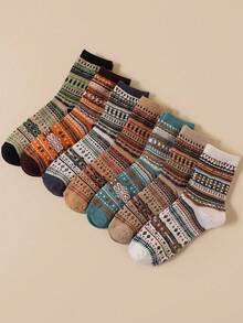 7 Pairs Retro Mid-Calf Socks, Warm And Fashionable Pattern Mid-Calf Socks For Autumn/Winter - Multicolor - View 1