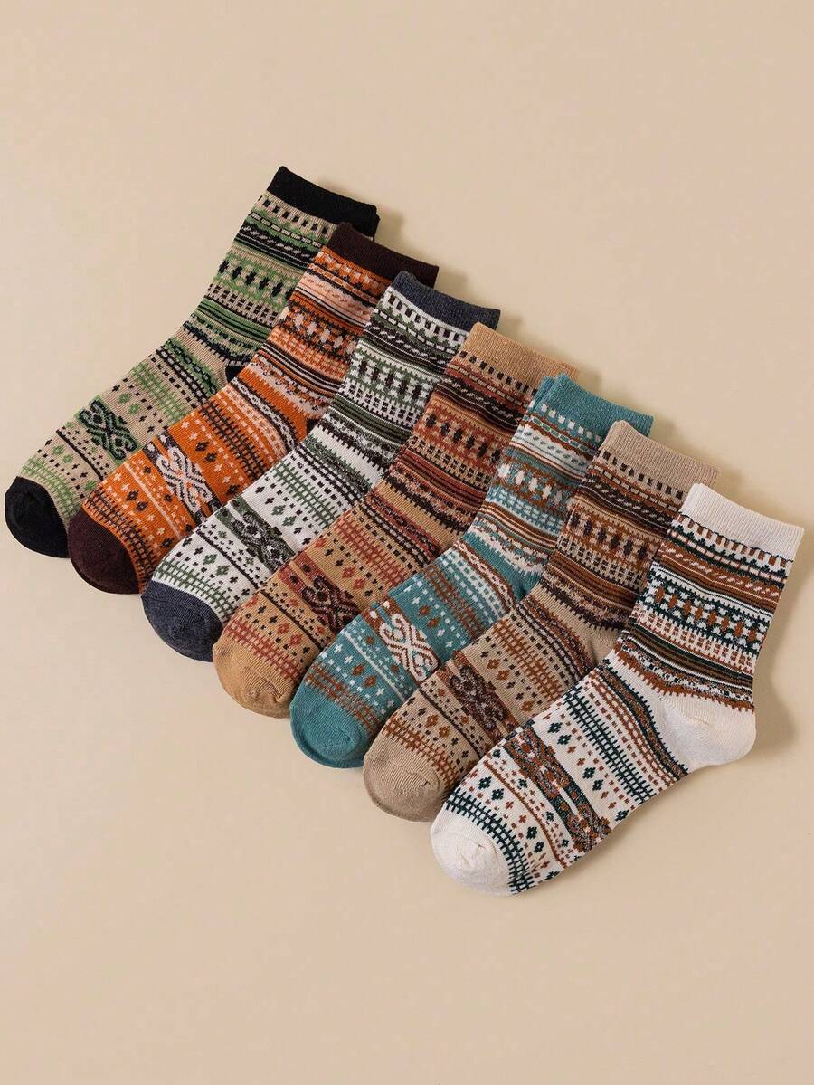 7 Pairs Retro Mid-Calf Socks, Warm And Fashionable Pattern Mid-Calf Socks For Autumn/Winter - Multicolor - View 1