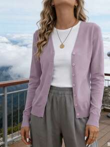 Women's Elegant V-Neck Stretch Knit Cardigan - Highly Soft Button-Front Design, Machine Washable, Casual And Fashionable All-Season Pullover, Versatile Layering Item | Comfortable And Cozy Knit Sweater - Màu tím - Xem 3