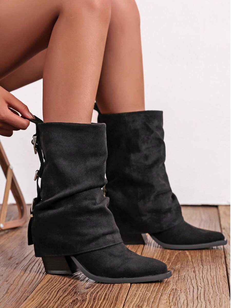 Slip-On Knee-High Boots With Chunky Heels, Minimalist And Versatile Pointed Toe, Women's Sexy Lady Rider Boots - Black 2 - View 1