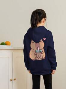 1pc Tween Girl Casual Printed Pullover Sweatshirt, Thermal Lined, Long Sleeve, Autumn/Winter - Navy Blue - View 2