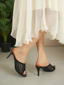 黑色网眼透气高跟凉鞋，露趾套脚系带网眼拖鞋，性感时尚百搭户外鞋 - 黑色 - 查看 3