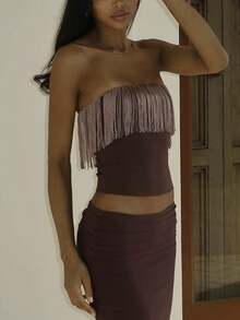 Women Fringe Tube Tops Strapless Tassel Bandeau Crop Tops Summer  Going Out Tops Streetwear - nâu sẫm - Xem 7