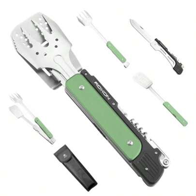 YQQ Roxon S601 14" 6 en 1 MBT3 Juego Plegable de Utensilios para Parrilla Tenedor Espátula Cuchillo Asador Pinzas Abridor para Barbacoa y Camping Verde2179