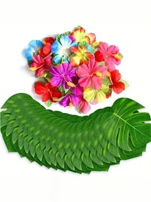 36/54/60pcs Tropical Party Decorations - Palm Leaves, Hibiscus Flowers Etc. - Perfect For Jungle, Party, Birthday, Beach And BBQ Themes! Easter, Christmas, Halloween, Valentine's Day, Ramadan Gifts, Suitable For Luau, And Jungle Theme Parties - Durable Artificial Home & Event Decor, Luau Supplies | Colorful Floral Accents, Hawaiian Party Decorations - Multicolor - View 2
