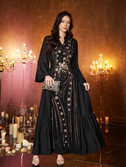  UNITHORSE Women's V-Neck Long Sleeve Belted Knit Evening Dress